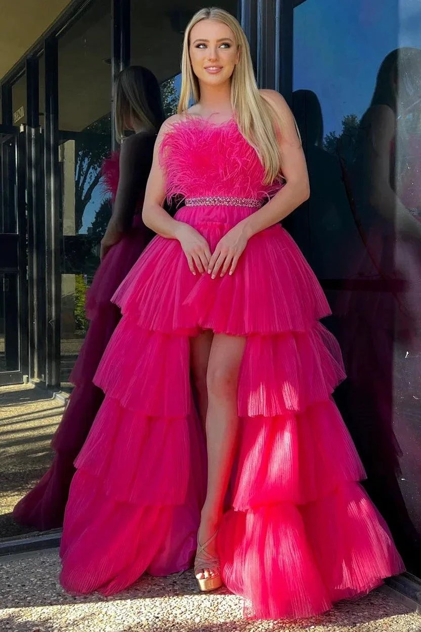 Marie| Fuchsia A-line High-Low Strapless Ruffled Tulle Prom Dress with Feathers by KissProm