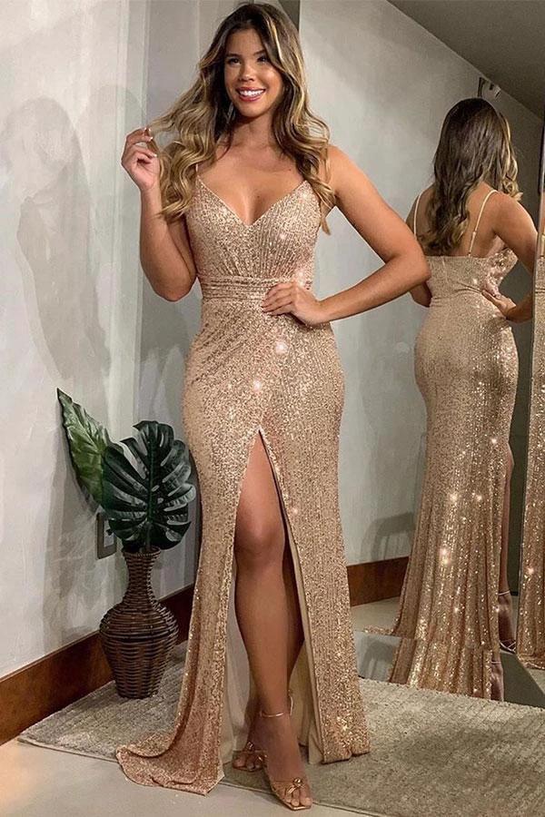 Spaghetti Straps Open Back Split Front Mermaid Prom Dress with Sequins by BIZTUNNEL