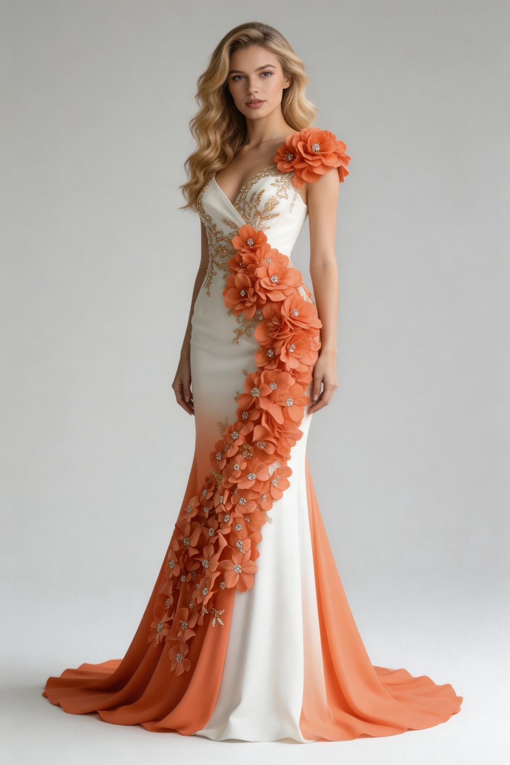 Classy Peony Flower Appliques Chiffon Mermaid Prom Dress Evening Dress Y8567