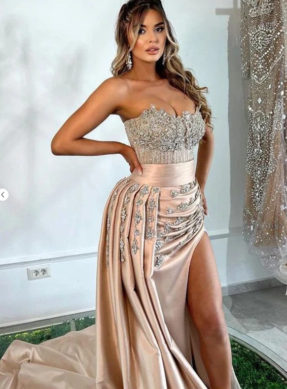 Champagne Gold Strapless High-Slit Gown by simplepromdress