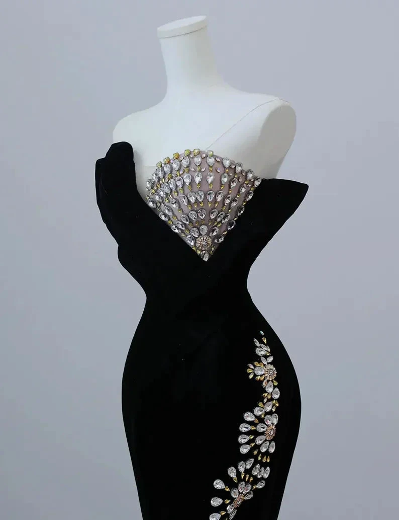 Black Luxurious Velvet Beaded Evening Dress Long Prom Dress Y7675 by simplepromdress