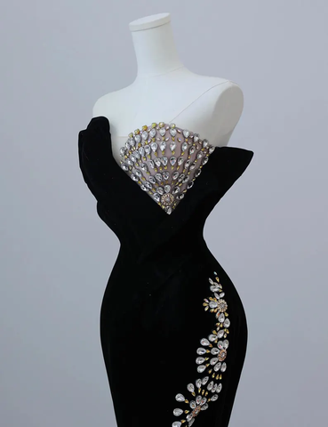 Vestido de noche largo de terciopelo negro con cuentas, vestido de fiesta Y7675