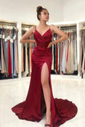 Split Front Spaghetti-Strap V-neck Burgundy Mermaid Prom Dress by BIZTUNNEL