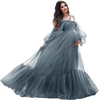 Puffy Sleeve Maternity Dress Tulle Robe for Photoshoot Off Shoulder Pregnancy Baby Shower Gown by Sunnderly