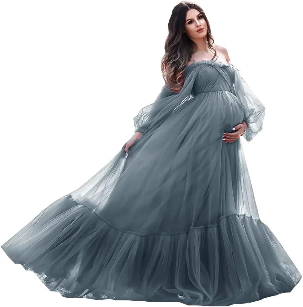 Puffy Sleeve Maternity Dress Tulle Robe for Photoshoot Off Shoulder Pregnancy Baby Shower Gown by Sunnderly