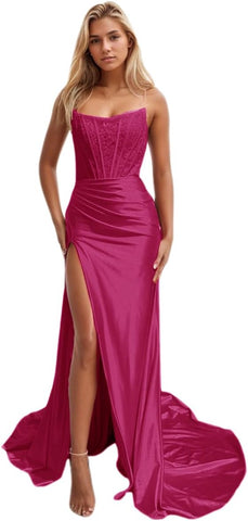 Vestidos de fiesta de sirena con encaje satinado para mujer, largos con abertura, sin tirantes, para noche formal, 2025 