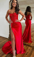 Women's Satin Lace Mermaid Prom Dresses Long with Slit 2025 Strapless Formal Evening Party Gown by Sunnderly