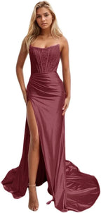 Women's Satin Lace Mermaid Prom Dresses Long with Slit 2025 Strapless Formal Evening Party Gown by Sunnderly