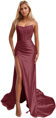 Vestidos de fiesta de sirena con encaje satinado para mujer, largos con abertura, sin tirantes, para noche formal, 2025 
