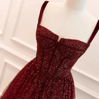 Gothic Burgundy Spaghetti Straps Sequins Beaded Formal Prom Dress Tulle Party Evening Dress Y7586 by simplepromdress