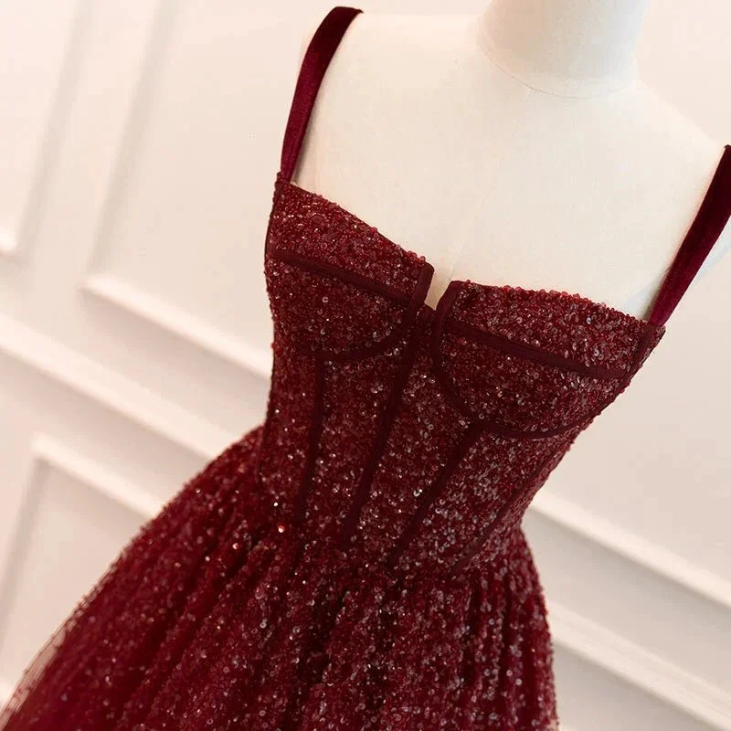 Gothic Burgundy Spaghetti Straps Sequins Beaded Formal Prom Dress Tulle Party Evening Dress Y7586 by simplepromdress