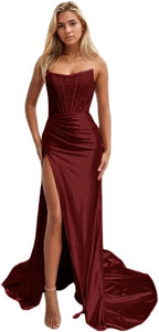 Women's Satin Lace Mermaid Prom Dresses Long with Slit 2025 Strapless Formal Evening Party Gown by Sunnderly