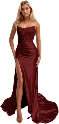 Vestidos de fiesta de sirena con encaje satinado para mujer, largos con abertura, sin tirantes, para noche formal, 2025 