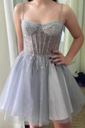 Spaghetti Straps Sequined Silver Gray Tulle Prom Dress with Ruffle by BIZTUNNEL
