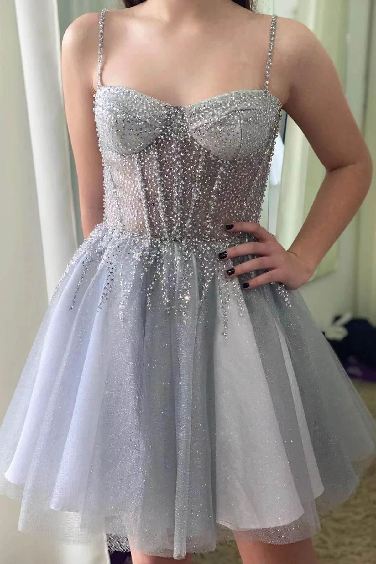 Spaghetti Straps Sequined Silver Gray Tulle Prom Dress with Ruffle by BIZTUNNEL