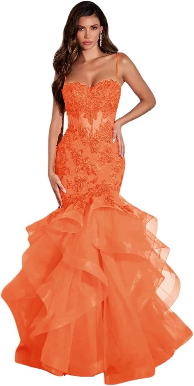 Women's Lace Applique Tulle Prom Dresses Long Mermaid Ruffles Sparkly Formal Evening Party Gown by Sunnderly
