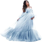 Puffy Sleeve Maternity Dress Tulle Robe for Photoshoot Off Shoulder Pregnancy Baby Shower Gown by Sunnderly