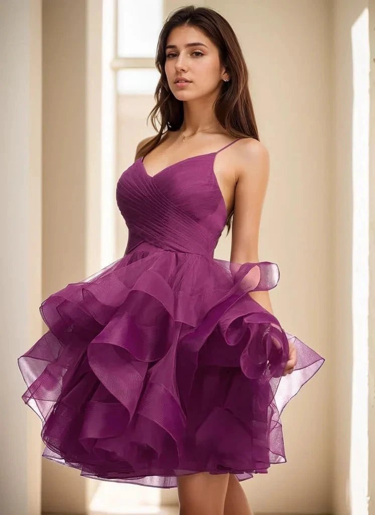 Puffy Ruffle Short Homecoming Dress Tull Tutu Prom Dress V Neck Formal Party Gown by Sunnderly
