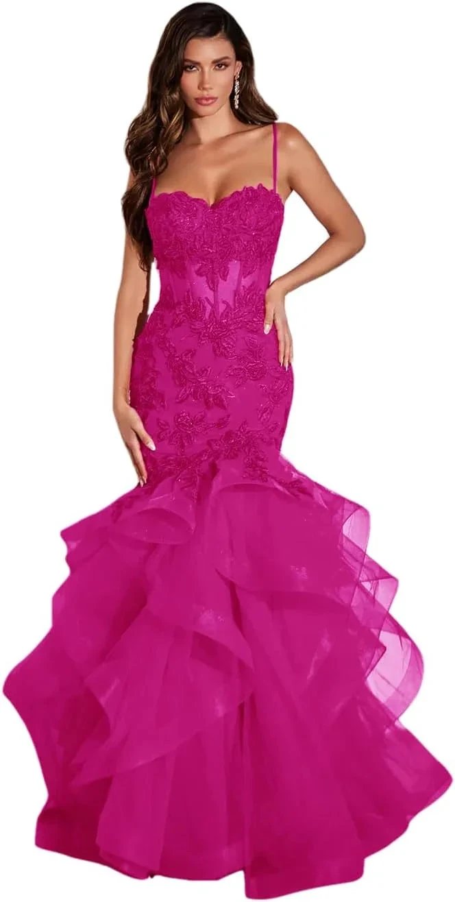 Women's Lace Applique Tulle Prom Dresses Long Mermaid Ruffles Sparkly Formal Evening Party Gown by Sunnderly