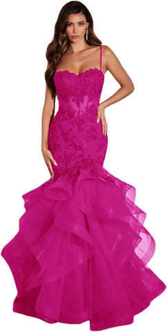 Vestido de fiesta de tul con apliques de encaje para mujer, largo, sirena, volantes, brillante, formal, de noche 