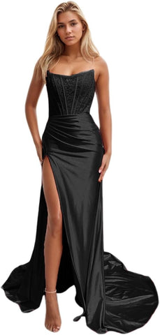 Vestidos de fiesta de sirena con encaje satinado para mujer, largos con abertura, sin tirantes, para noche formal, 2025 