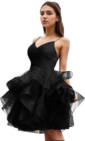 Puffy Ruffle Short Homecoming Dress Tull Tutu Prom Dress V Neck Formal Party Gown