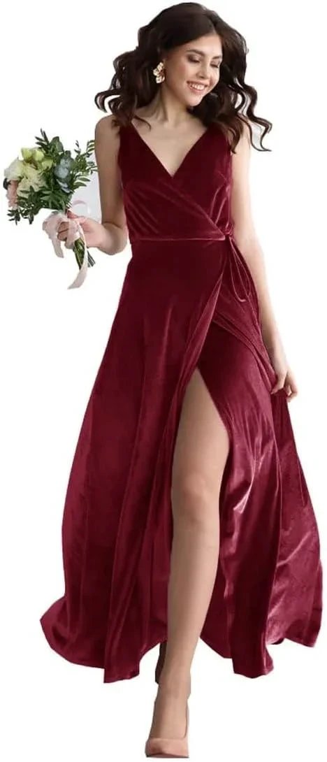 Velvet V Neck Bridesmaid Dress Long Women's Prom Formal Party Gown with Slit by Sunnderly