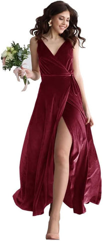 Vestido de dama de honor largo de terciopelo con escote en V para mujer, vestido formal de fiesta de graduación con abertura 