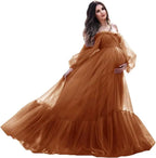 Puffy Sleeve Maternity Dress Tulle Robe for Photoshoot Off Shoulder Pregnancy Baby Shower Gown by Sunnderly