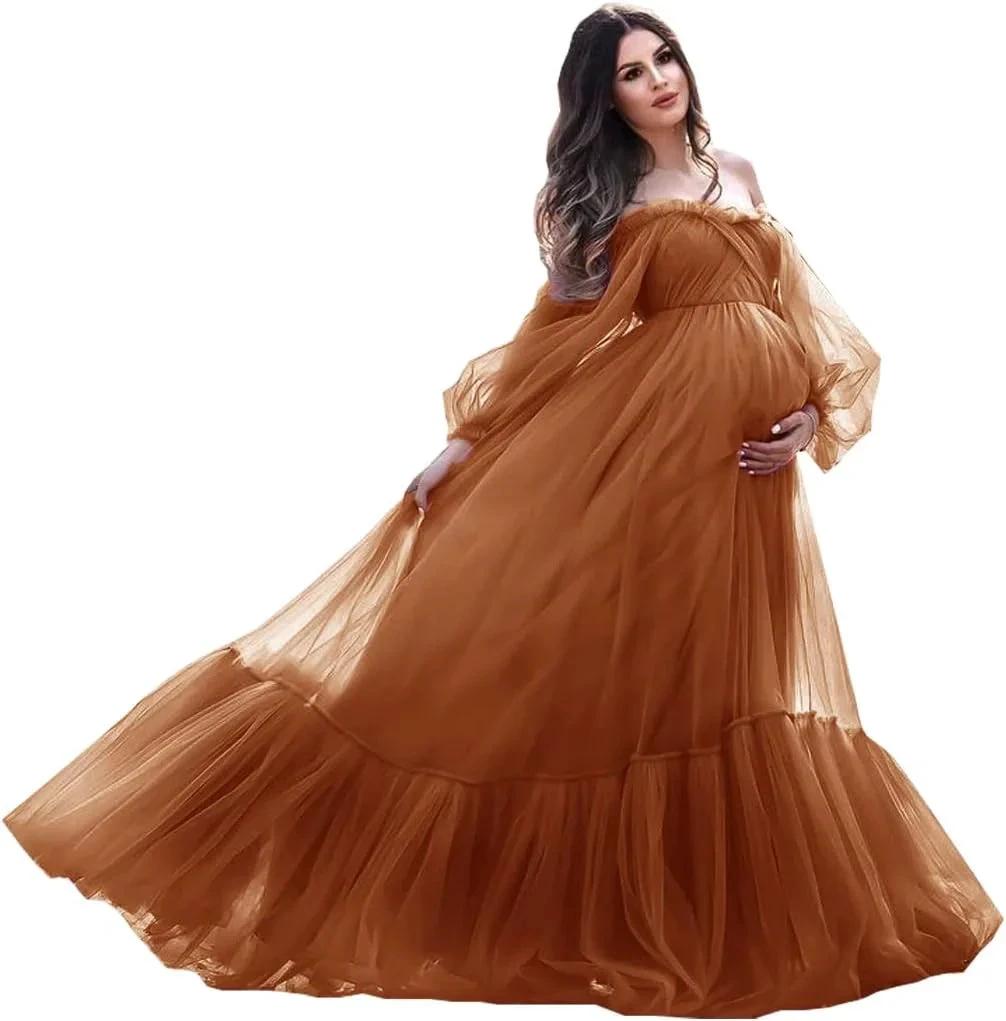 Puffy Sleeve Maternity Dress Tulle Robe for Photoshoot Off Shoulder Pregnancy Baby Shower Gown by Sunnderly