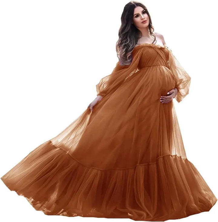 Puffy Sleeve Maternity Dress Tulle Robe for Photoshoot Off Shoulder Pregnancy Baby Shower Gown by Sunnderly