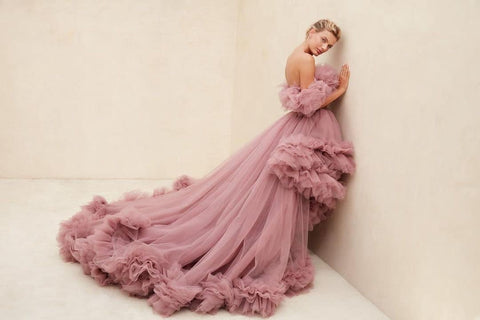 Rüschen-Tüll-Robe für Schwangerschafts-Fotoshooting, transparent, schulterfrei, Umstandsrobe, schwanger, Babyparty, Abschlussballkleid 