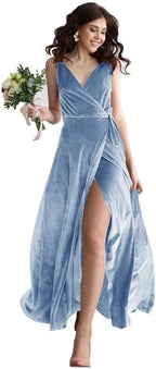 Velvet V Neck Bridesmaid Dress Long Women's Prom Formal Party Gown with Slit by Sunnderly