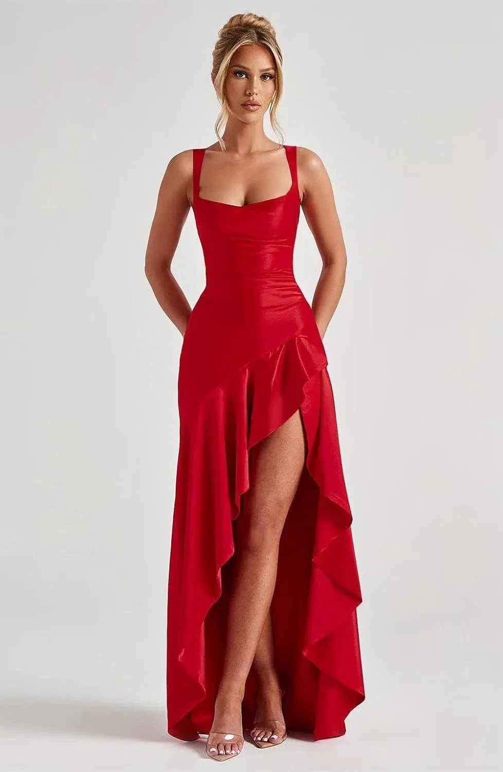 Satin Ruffles Prom Dresses for Teens Hi-Low Aline Cocktail Dresses for Women QA204 by Sunnderly