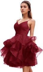 Puffy Ruffle Short Homecoming Dress Tull Tutu Prom Dress V Neck Formal Party Gown by Sunnderly