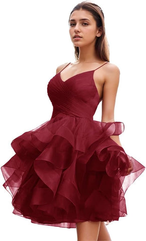 Puffy Ruffle Short Homecoming Dress Tull Tutu Prom Dress V Neck Formal Party Gown