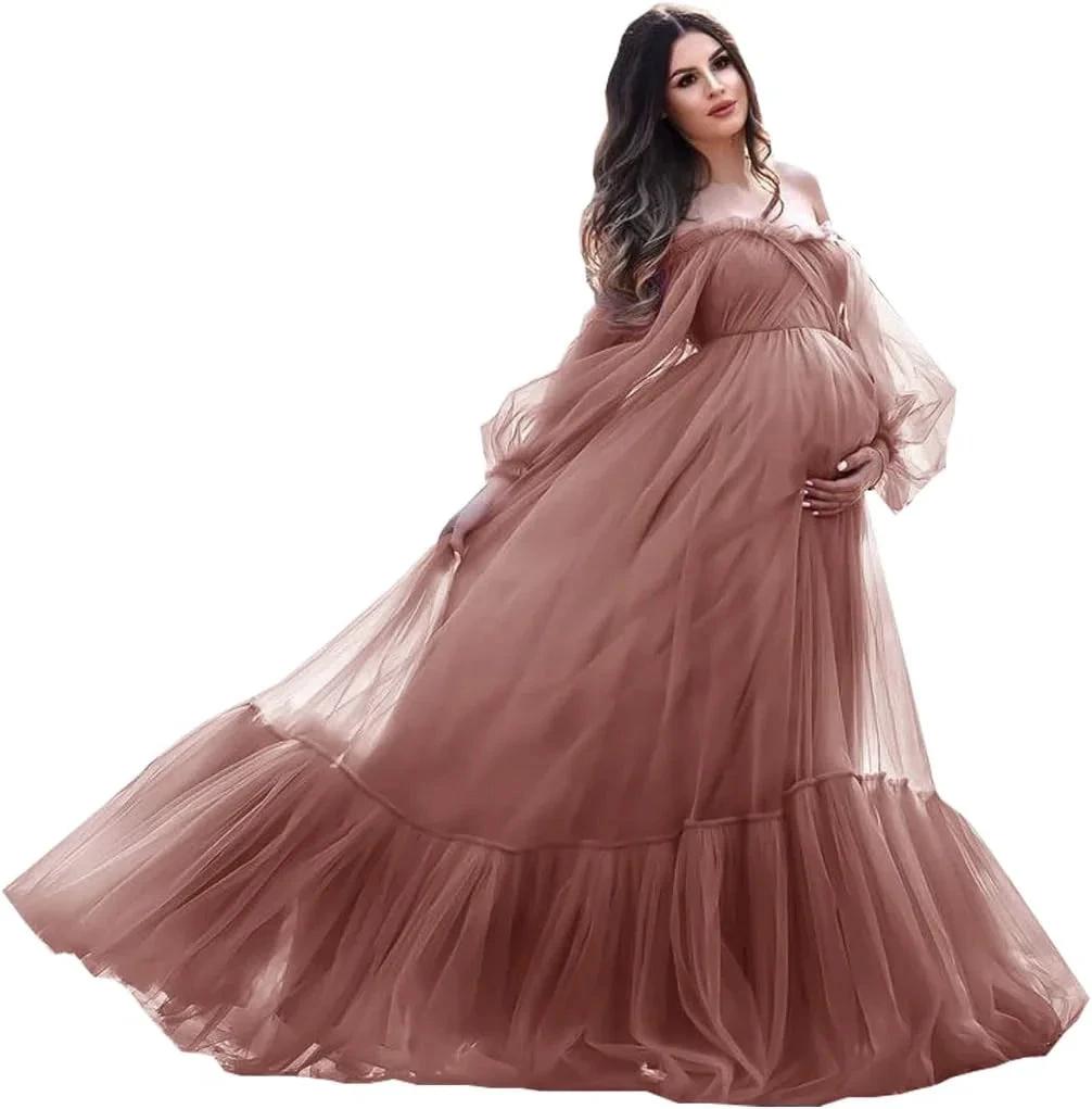 Puffy Sleeve Maternity Dress Tulle Robe for Photoshoot Off Shoulder Pregnancy Baby Shower Gown by Sunnderly