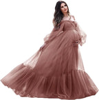 Puffy Sleeve Maternity Dress Tulle Robe for Photoshoot Off Shoulder Pregnancy Baby Shower Gown by Sunnderly