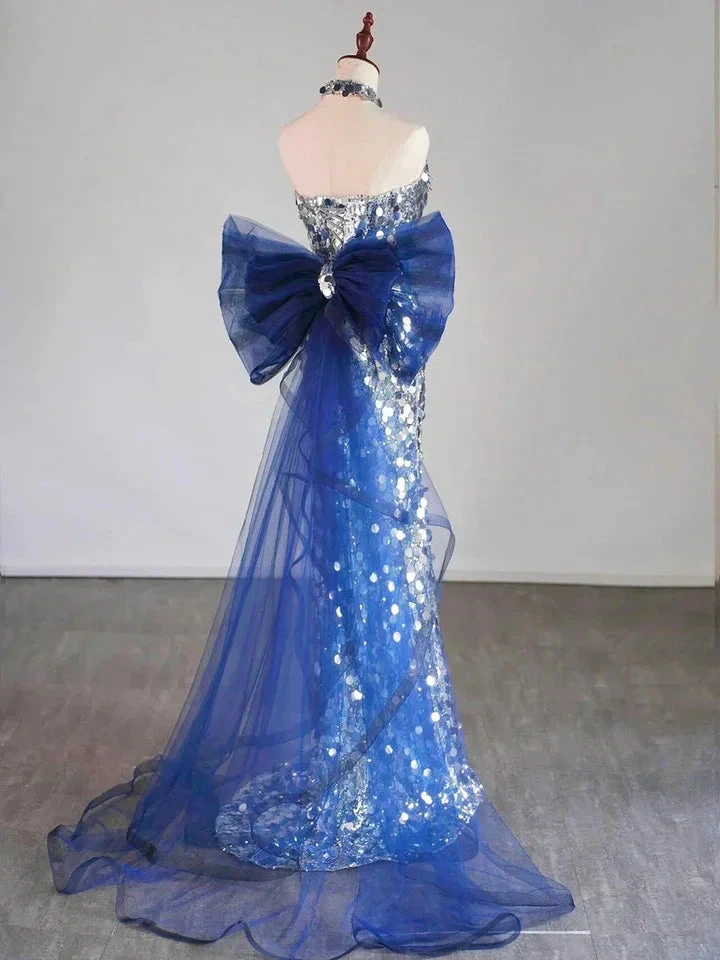 Glitter Silver Sequins Mermaid Evening Dress Long Prom Dress With Bow Y7746 by simplepromdress