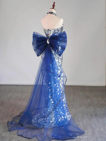 Vestido de noche largo estilo sirena con lentejuelas plateadas y lazo Y7746