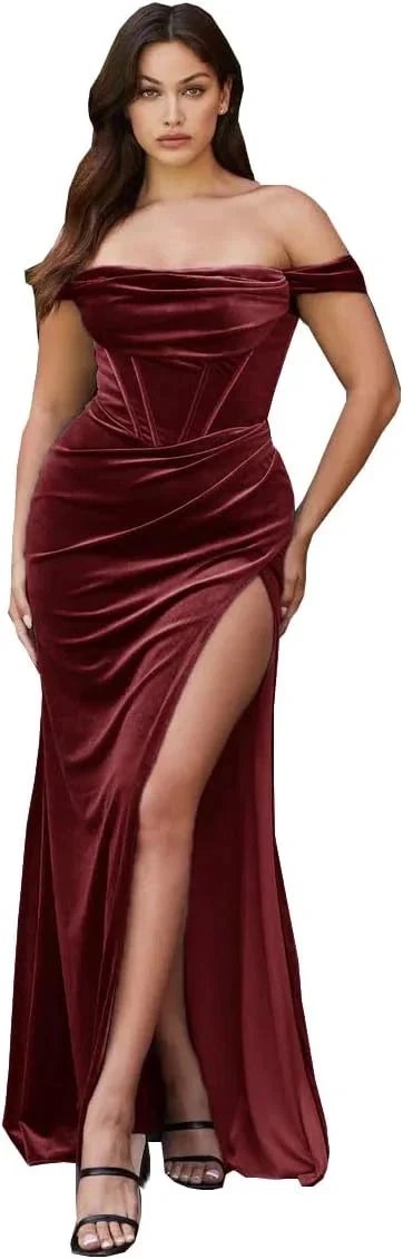 Women's Velvet Slit Mermaid Prom Dress Long Off Shoulder Bridesmaid Dress Strapless Party Gown by Sunnderly