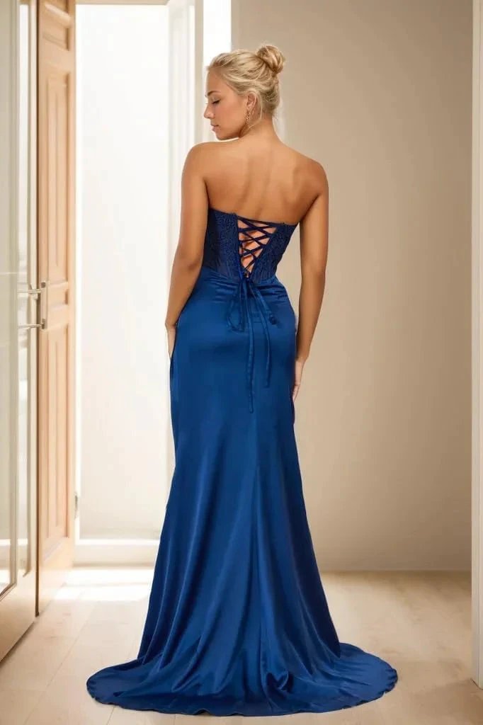 Women's Satin Lace Mermaid Prom Dresses Long with Slit 2025 Strapless Formal Evening Party Gown by Sunnderly