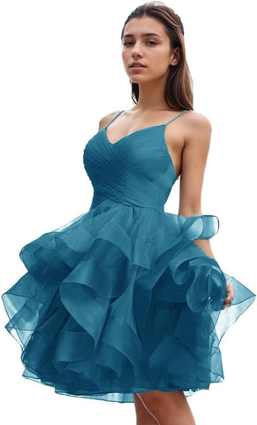 Puffy Ruffle Short Homecoming Dress Tull Tutu Prom Dress V Neck Formal Party Gown
