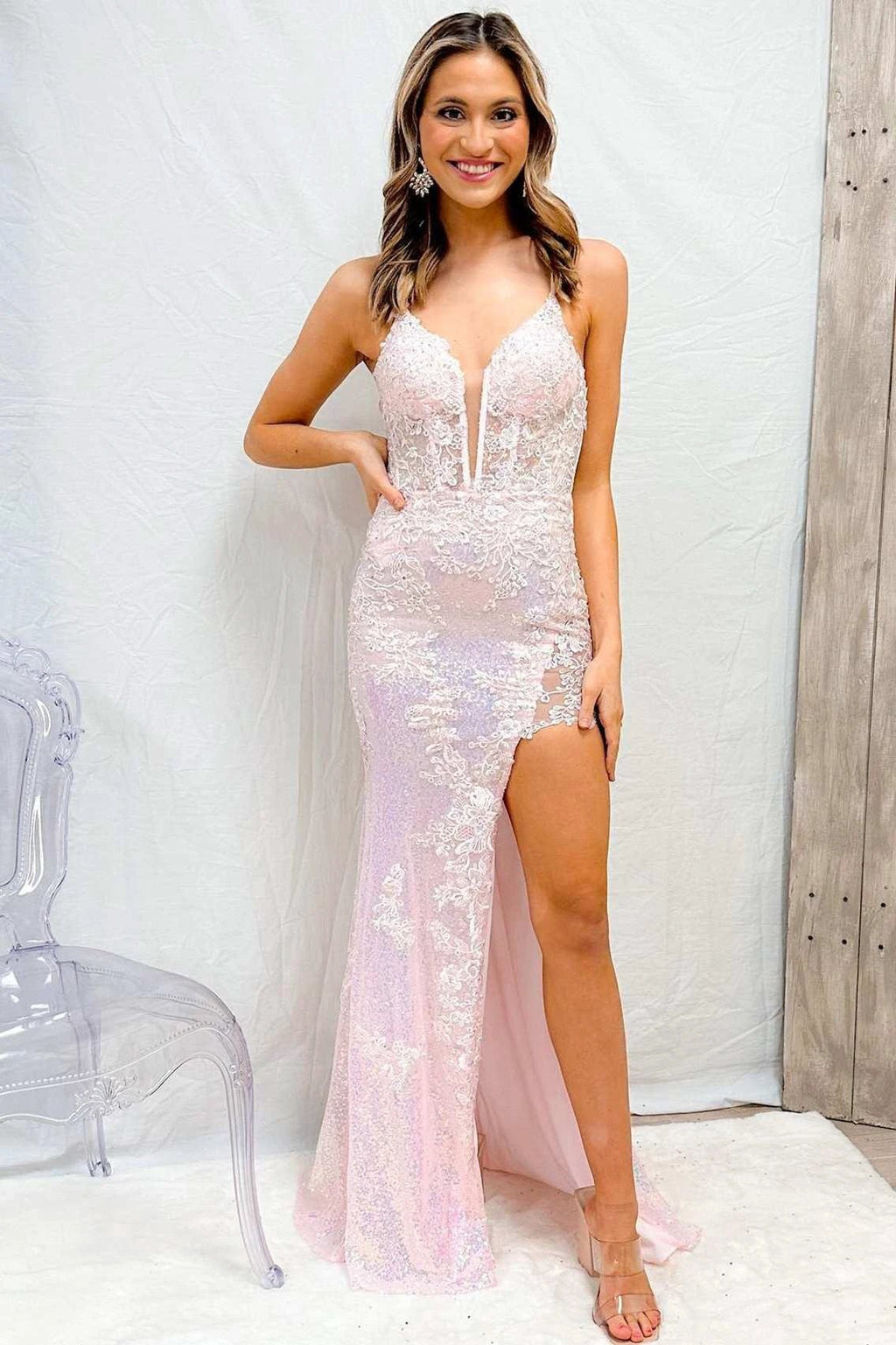 Kalani |Mermaid V Neck Sequined Lace Prom Dress with Slit by KissProm