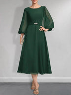 A-line Scoop Tea-Length Chiffon Mother of the Bride Dress With Crystal Brooch Pleated by Dreamylily