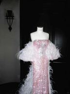 Fairy Pink Strapless Sequins Feathers Mermaid Evening Dress Slit Prom Dress Y8660 by simplepromdress