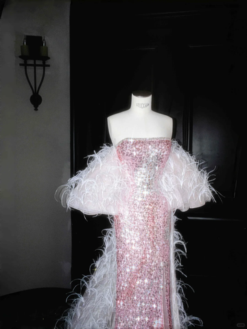 Fairy Pink Strapless Sequins Feathers Mermaid Evening Dress Slit Prom Dress Y8660