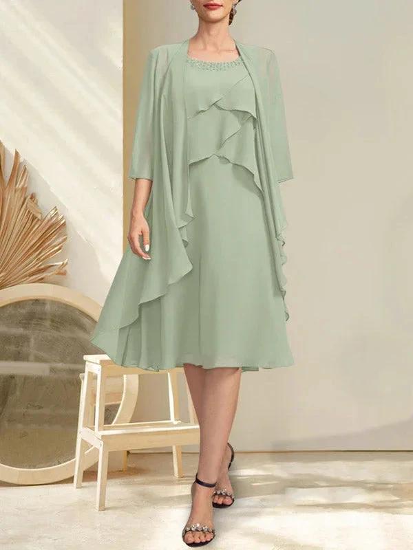 A-line Scoop Knee-Length Chiffon Mother of the Bride Dress With Beading by Dreamylily