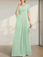 A-line V-Neck Floor-Length Chiffon Mother of the Bride Dress With Pleated by Dreamylily
