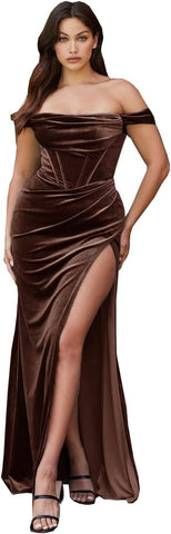 Vestido de fiesta de sirena con abertura de terciopelo para mujer, vestido largo de dama de honor con hombros descubiertos y sin tirantes 